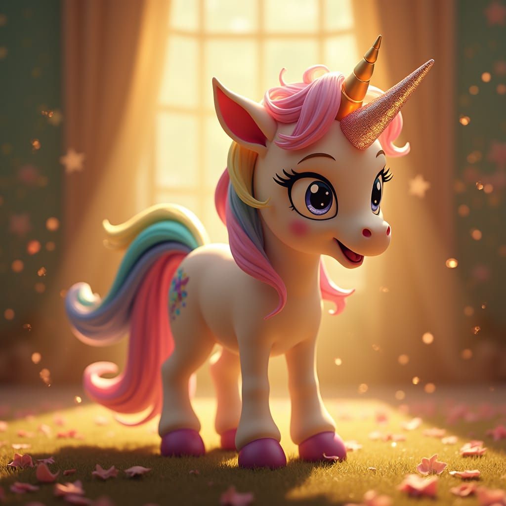 Majestic Cartoon Rainbow Unicorn Winks in Cinematic Wonder