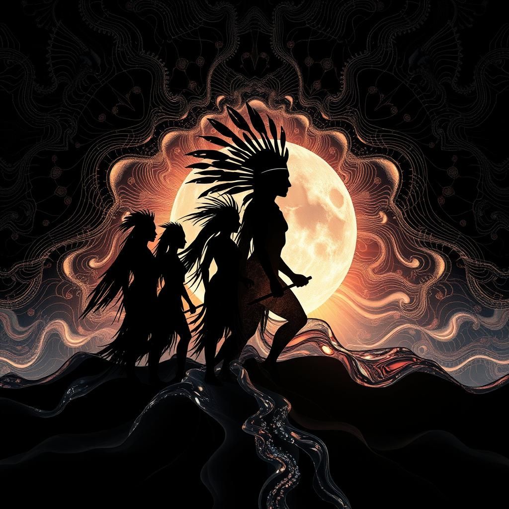 Crystalline Tribal Silhouettes in Fractal Landscape