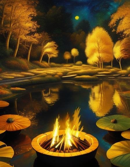 Impressionist Bonfire Painting with Golden Autumn Light