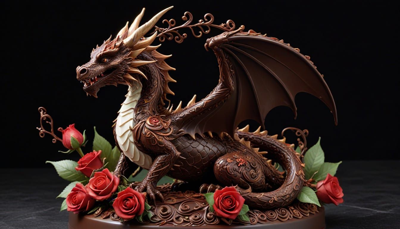Winged Chocolate Dragon Sculpture in Crescent Moon
