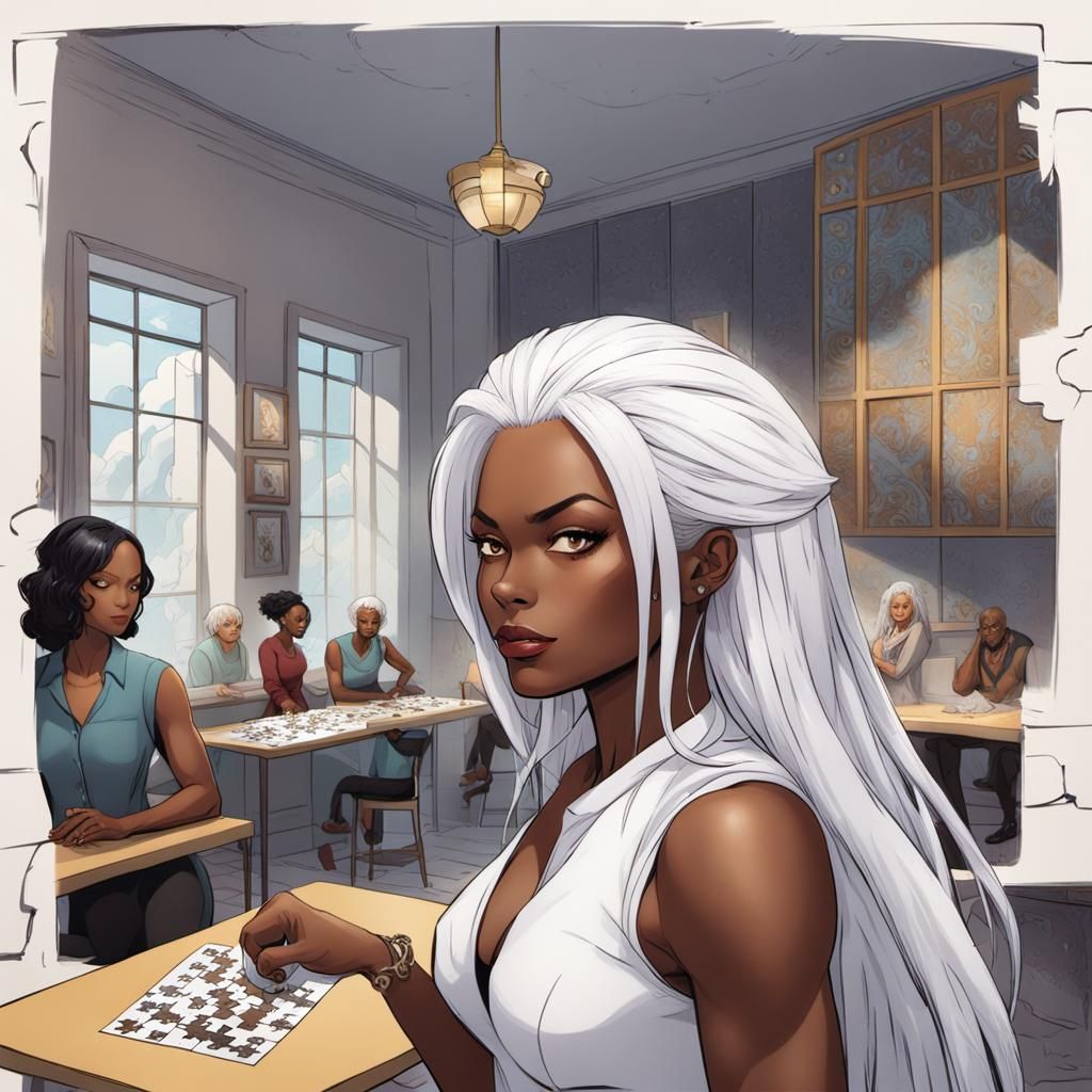 Woman with White Hair Doing Jigsaw Puzzle