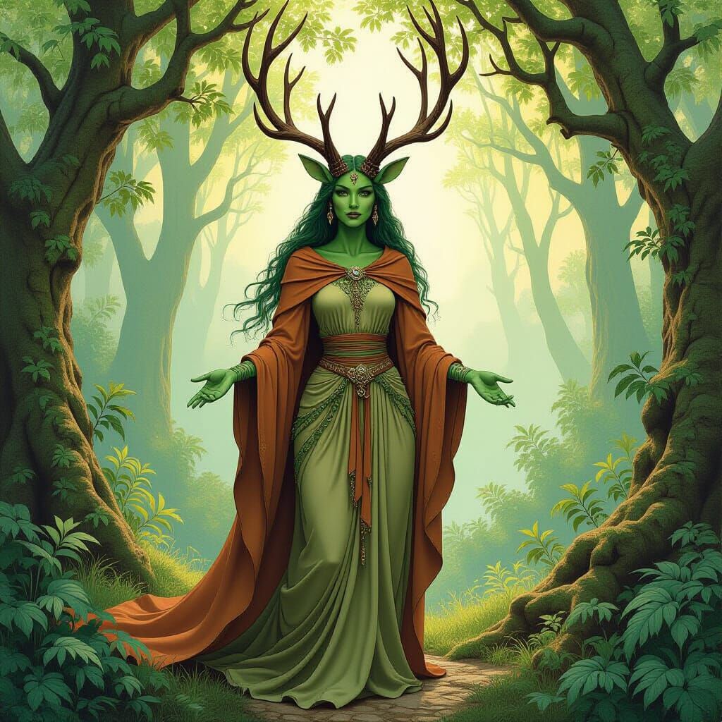 Mother Earth in Lush Forest, Mystical Art