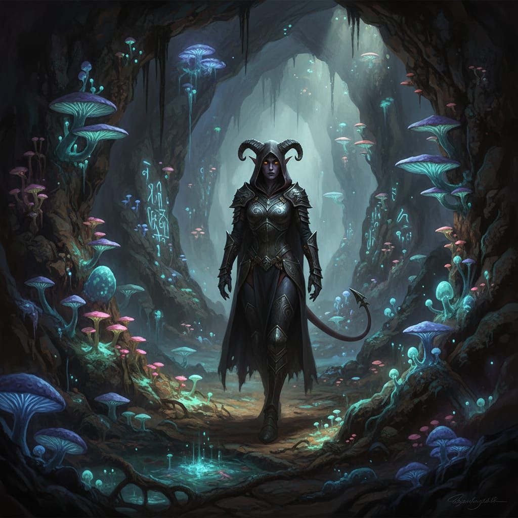 Tiefling Rogue Navigating Bioluminescent Cavern