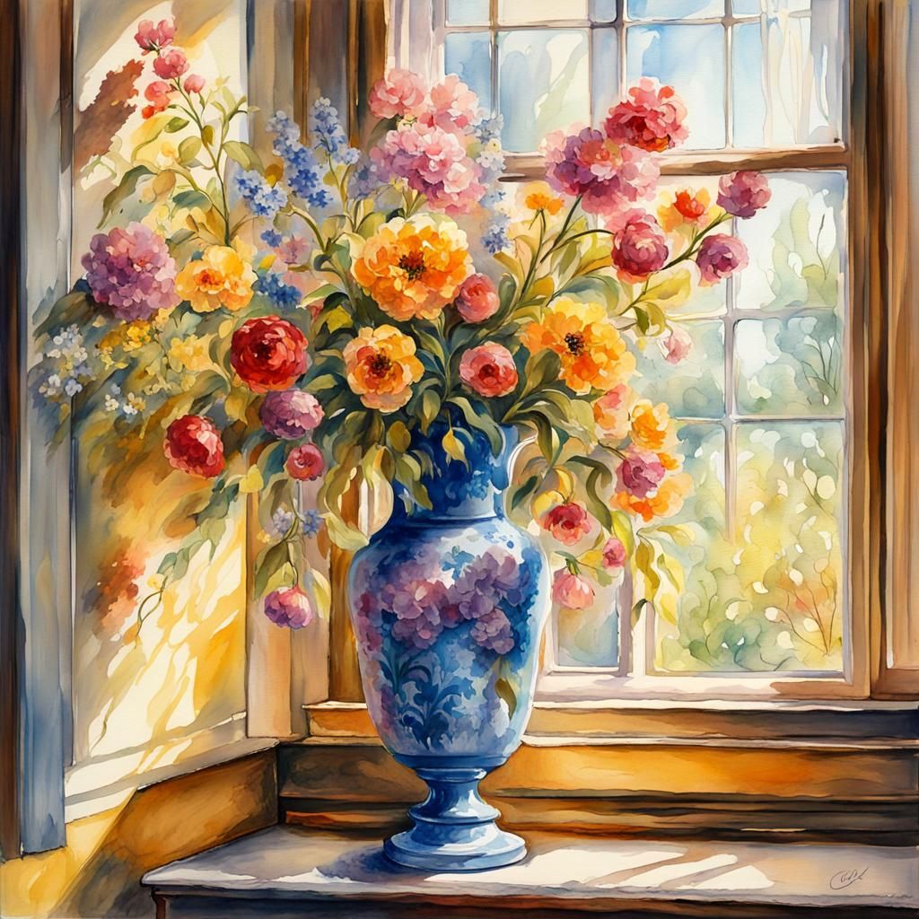 Victorian Watercolor: Colorful Flowers in Sunlight