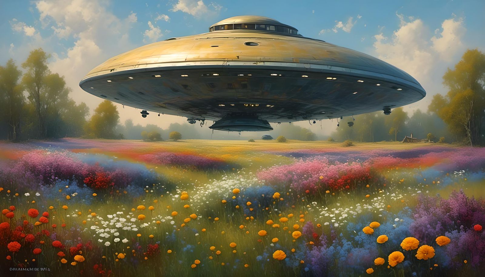 Impressionist UFO Landing in Retro Wave Field