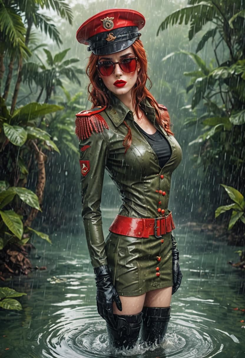 Glamorous Woman in Red Military Uniform, Photorealistic Imag...