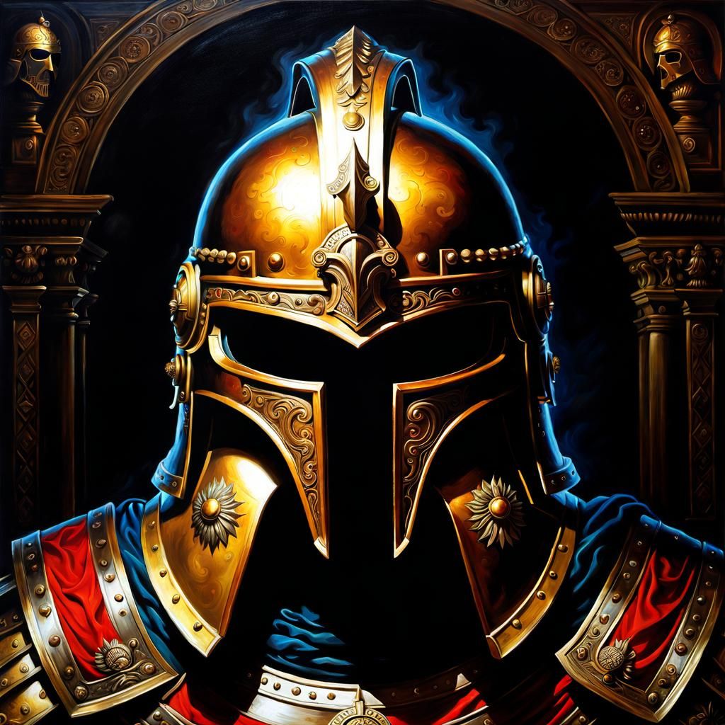 Fiery Spartan Helmet: Oil Painting Masterpiece