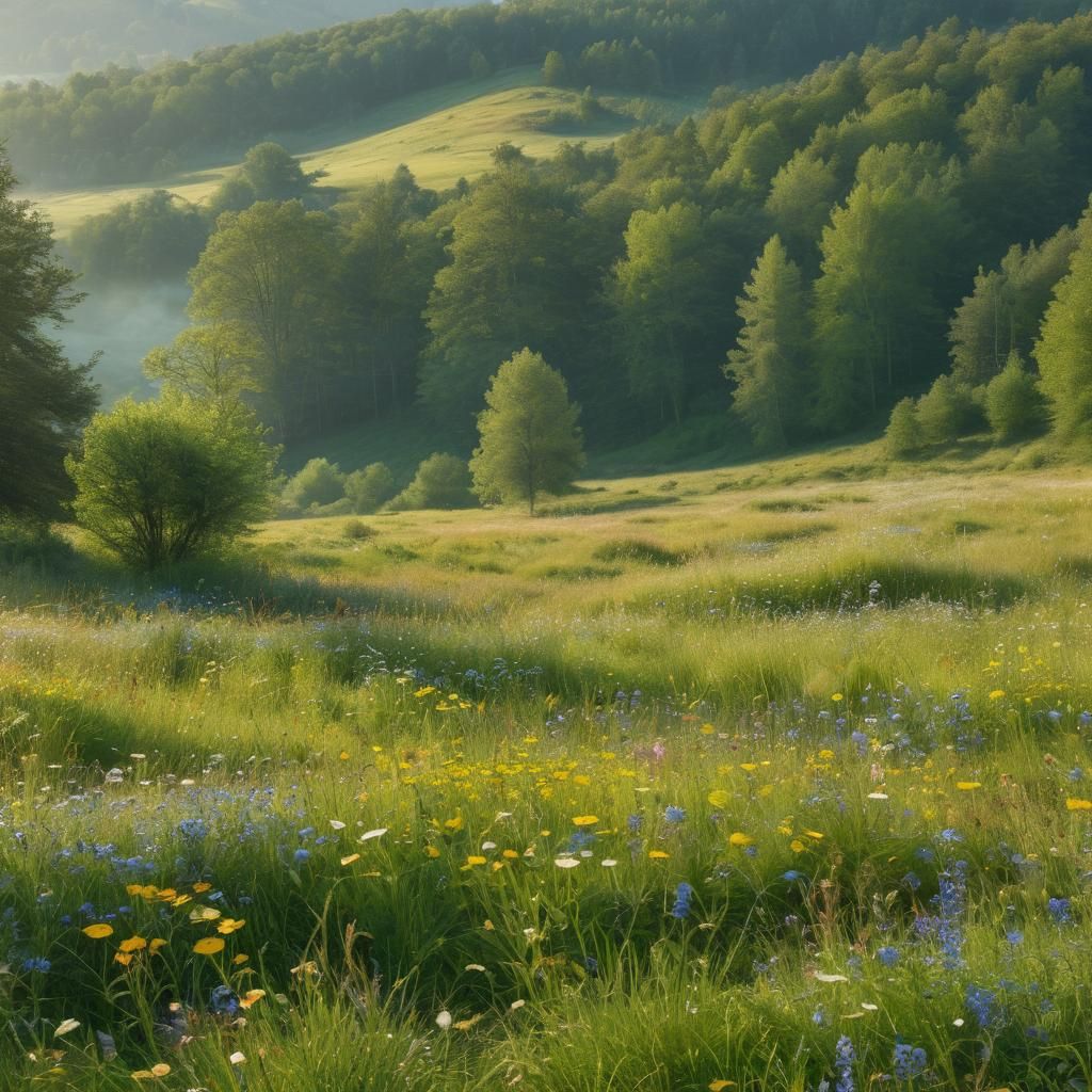 Sunlit Forest Meadow in Watercolor Style