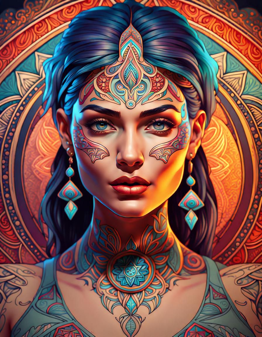 Woman with Mandala Tattoo in Art Nouveau Style