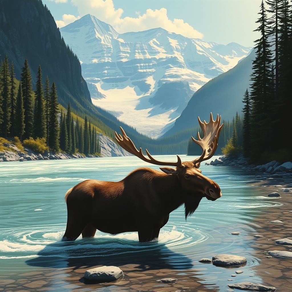 Majestic Moose in Glacial River, Vintage Travel Poster