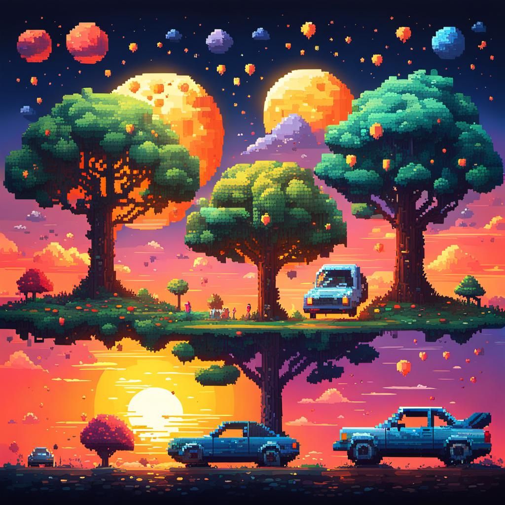 Pixelated Video Game Sunset in Hyperrealistic Style