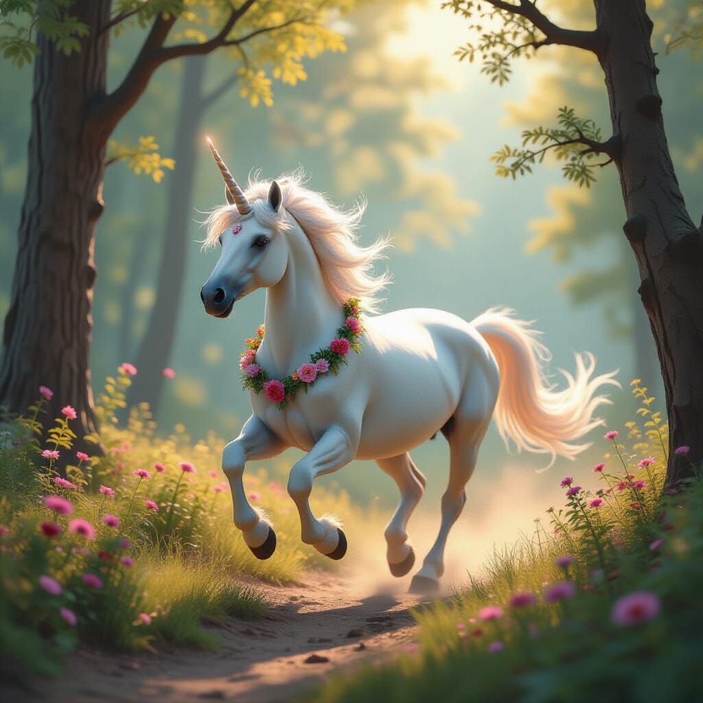 Unicorn Galloping Through Enchanted Forest at Dawn