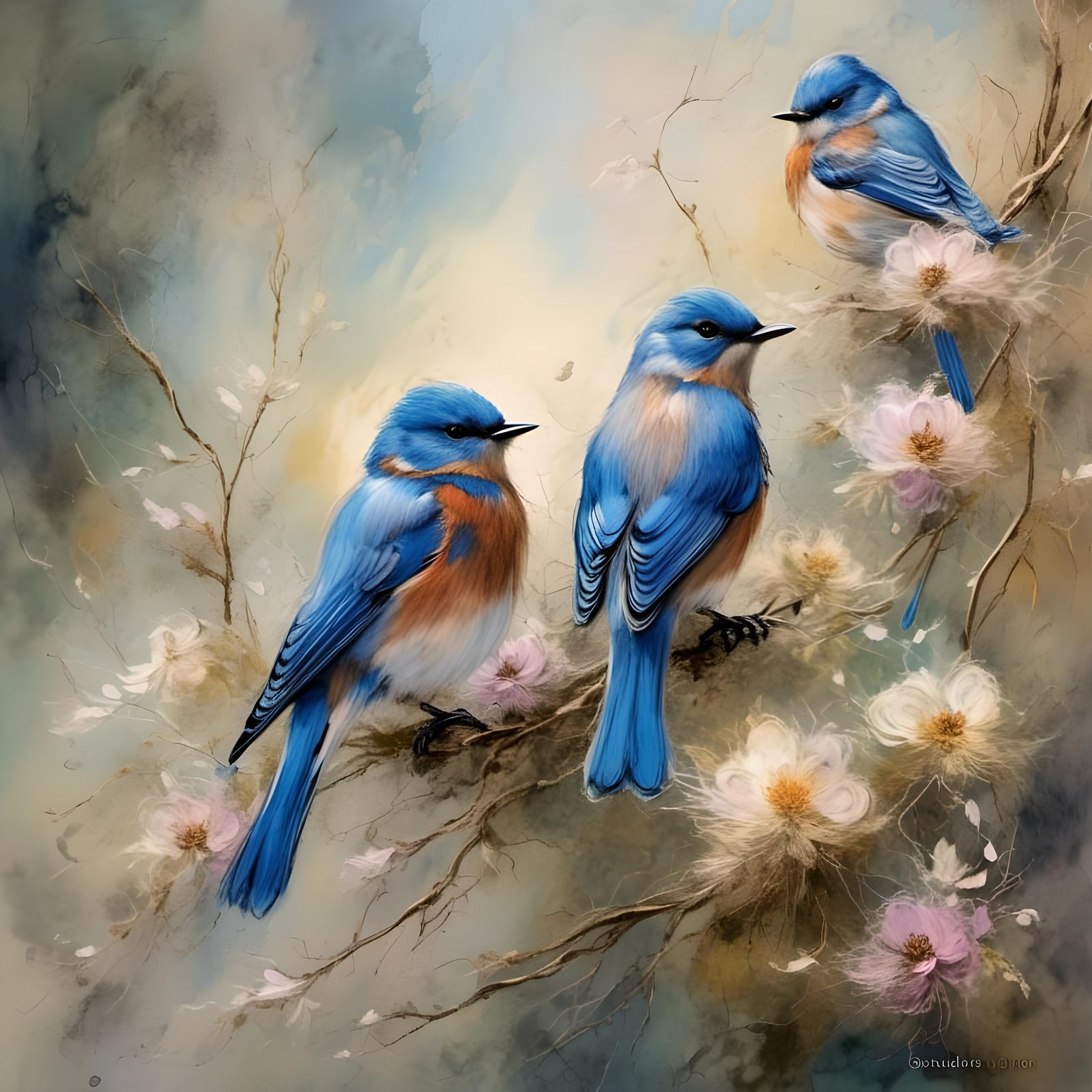 Bluebirds in Neon Digital Style on Floral Branch