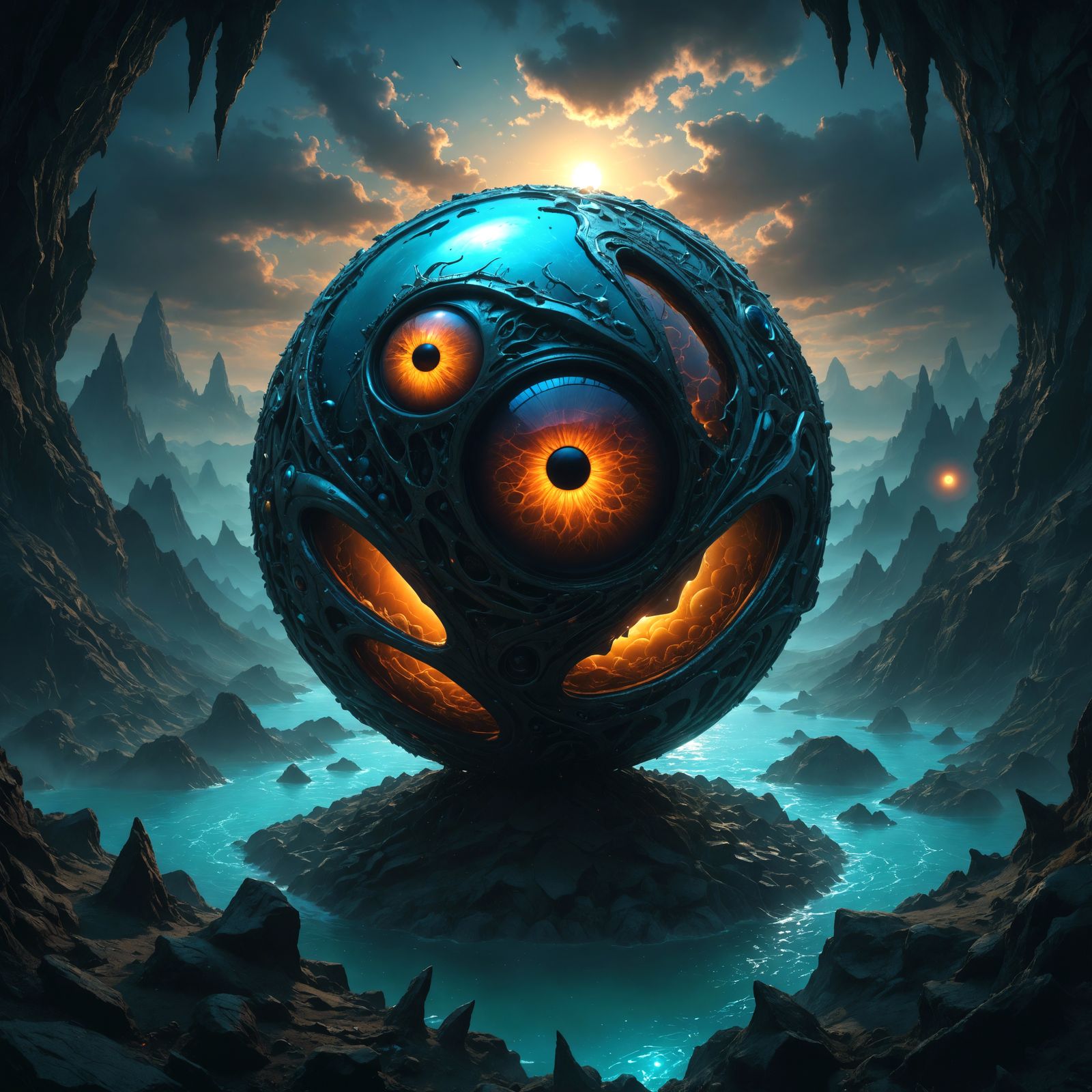 Chromatic Surreal Alien Hatching in Ominous Landscape