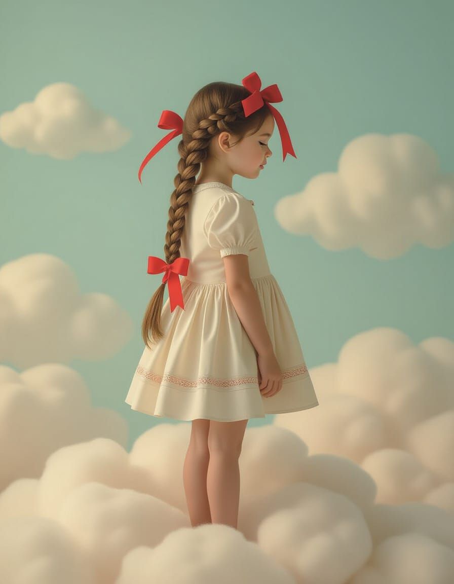 Girl on Cloud in 80s Pastel Photography Style