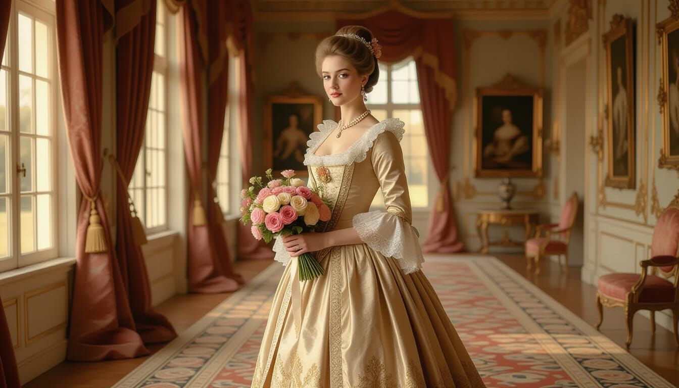 Elegant Woman in 18th-Century Hall, Ultra-Realistic Painting