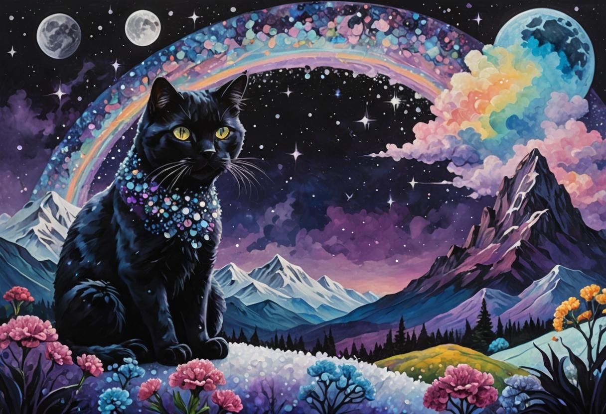 Vibrant Black Crystal Cat in Oil Painting Style with Swirly...