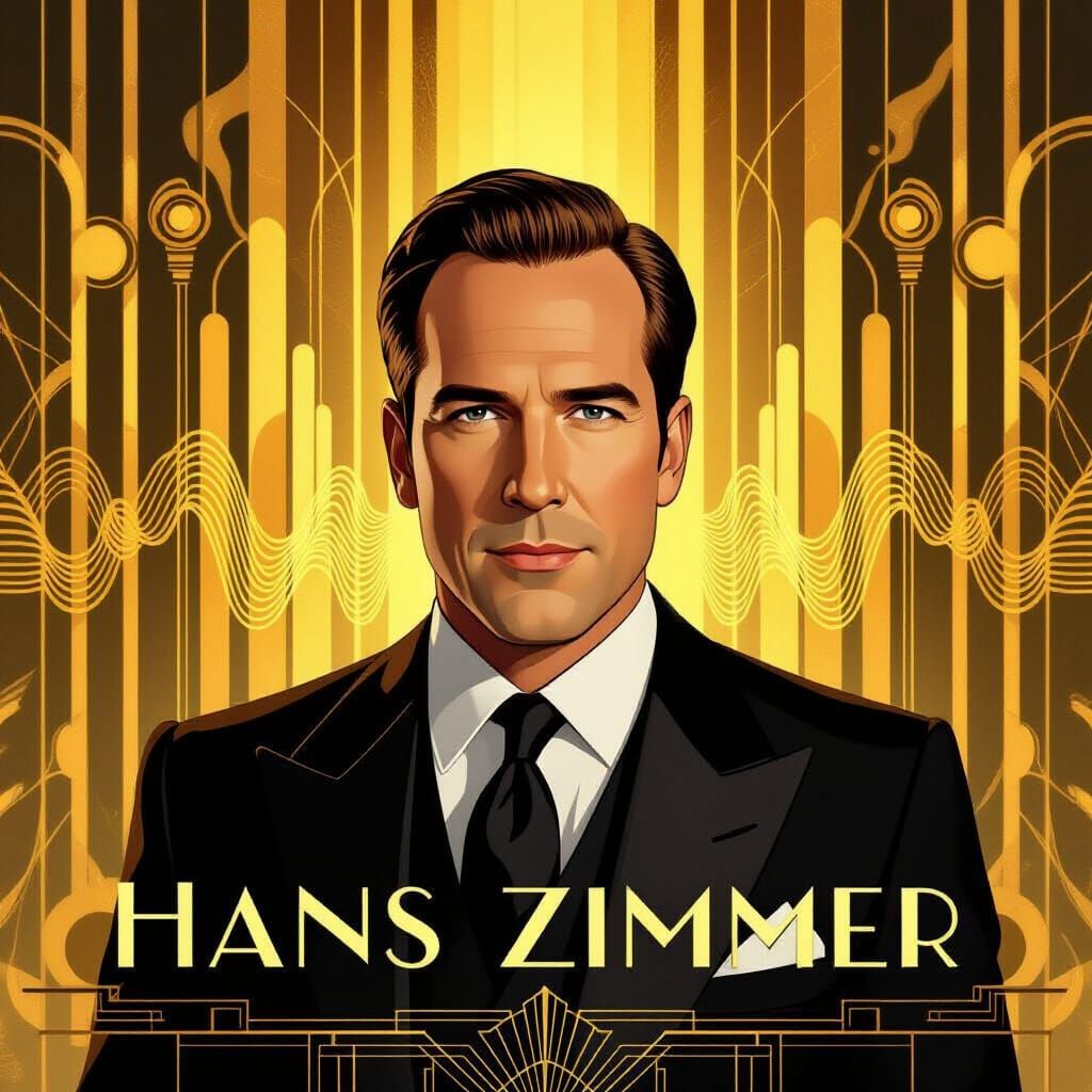 Art Deco Portrait of Hans Zimmer with Golden Sound Waves