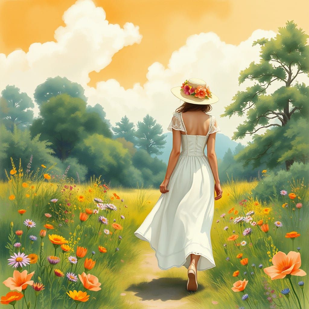 Whimsical Garden Stroll in Artistic Brushstrokes