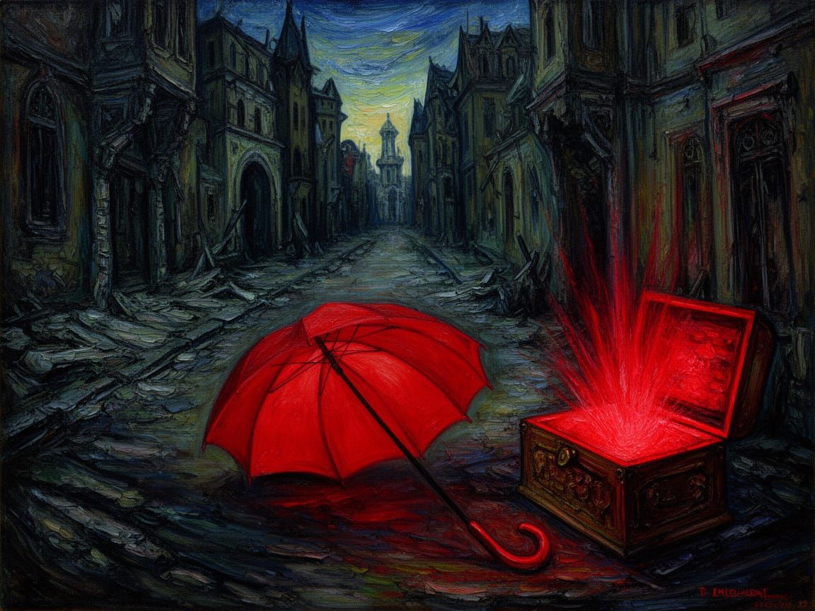 Expressionist Oil Painting of Abandoned Medieval Town at Dus...