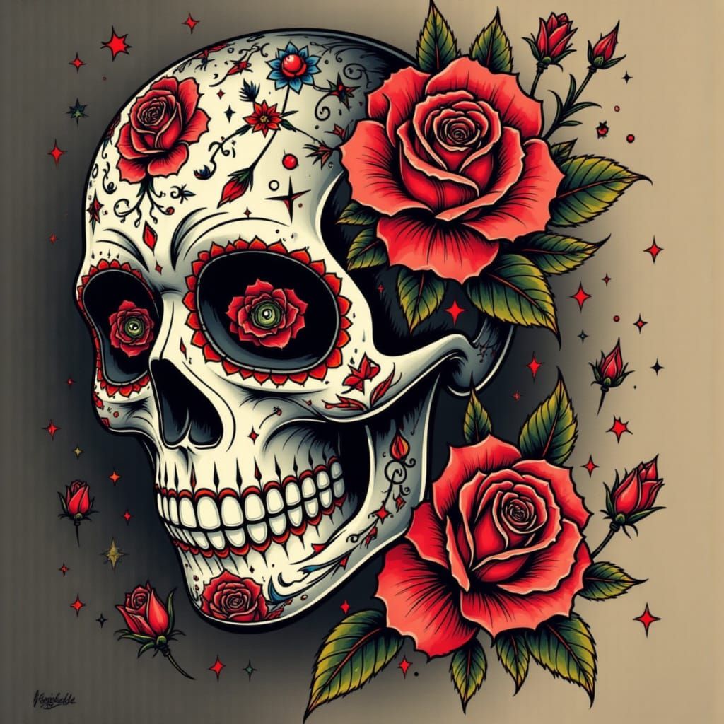 Detailed Sugar Skull with Roses Tattoo Art