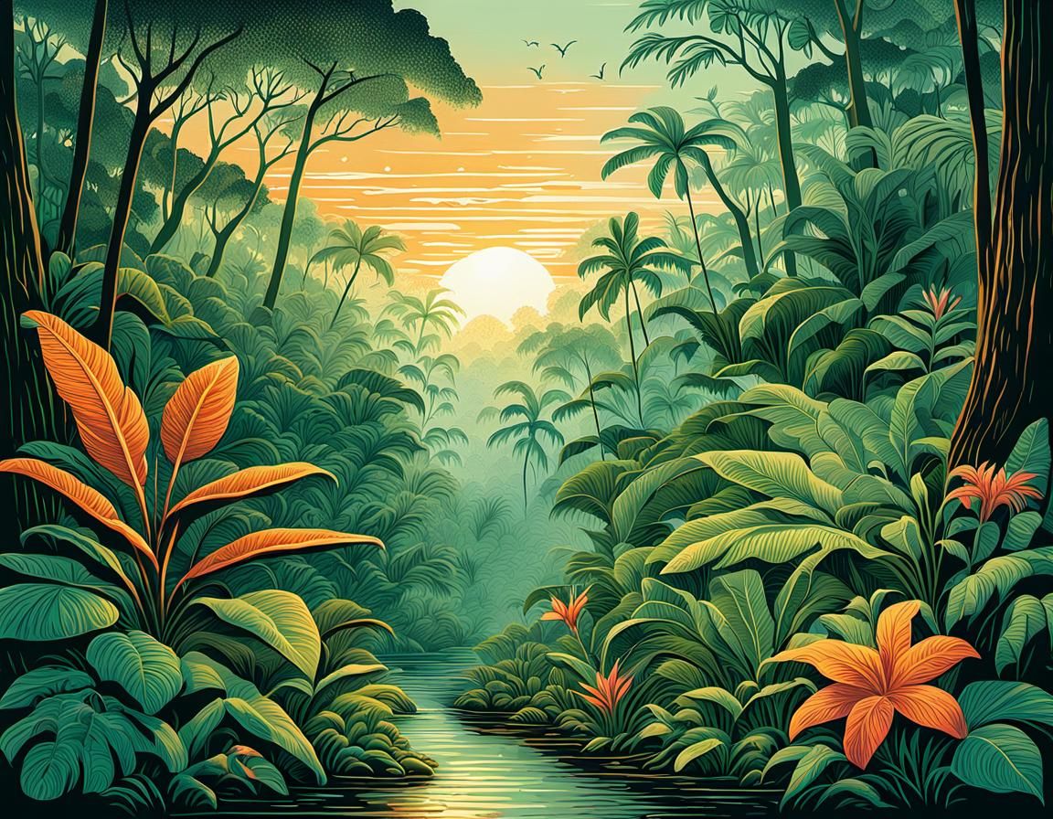 Lush Amazon Forest Sunrise in Linocut Style