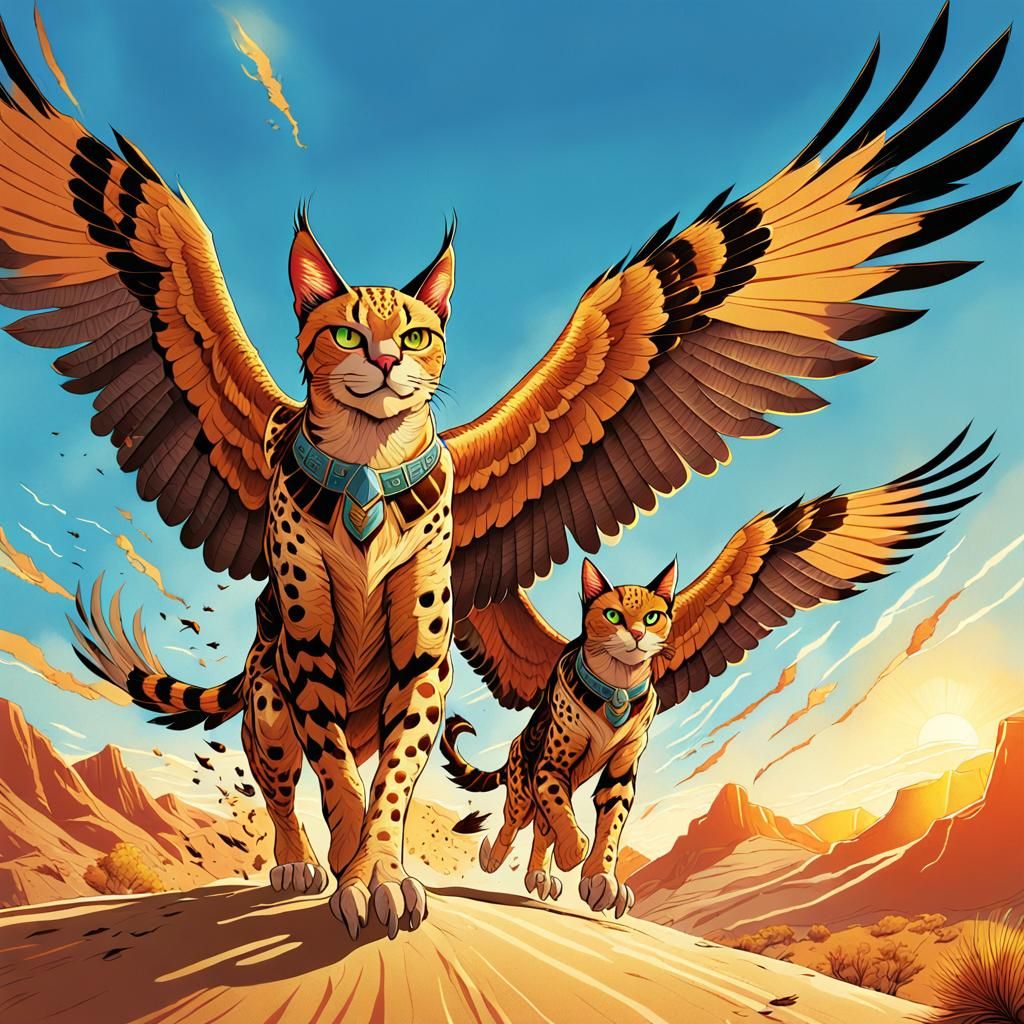 Desert Cat Griffins Soaring: Comic Book Illustration