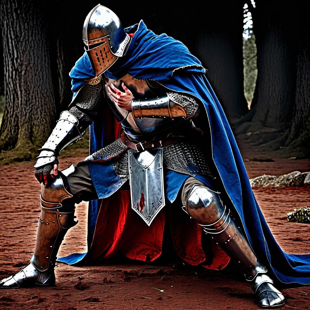 Defeated Knight Leans on Shield in Battlefield