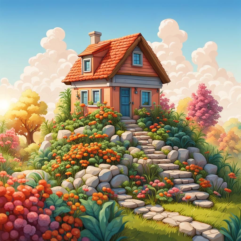 Colorful Vegetation and House in Sunny Landscape
