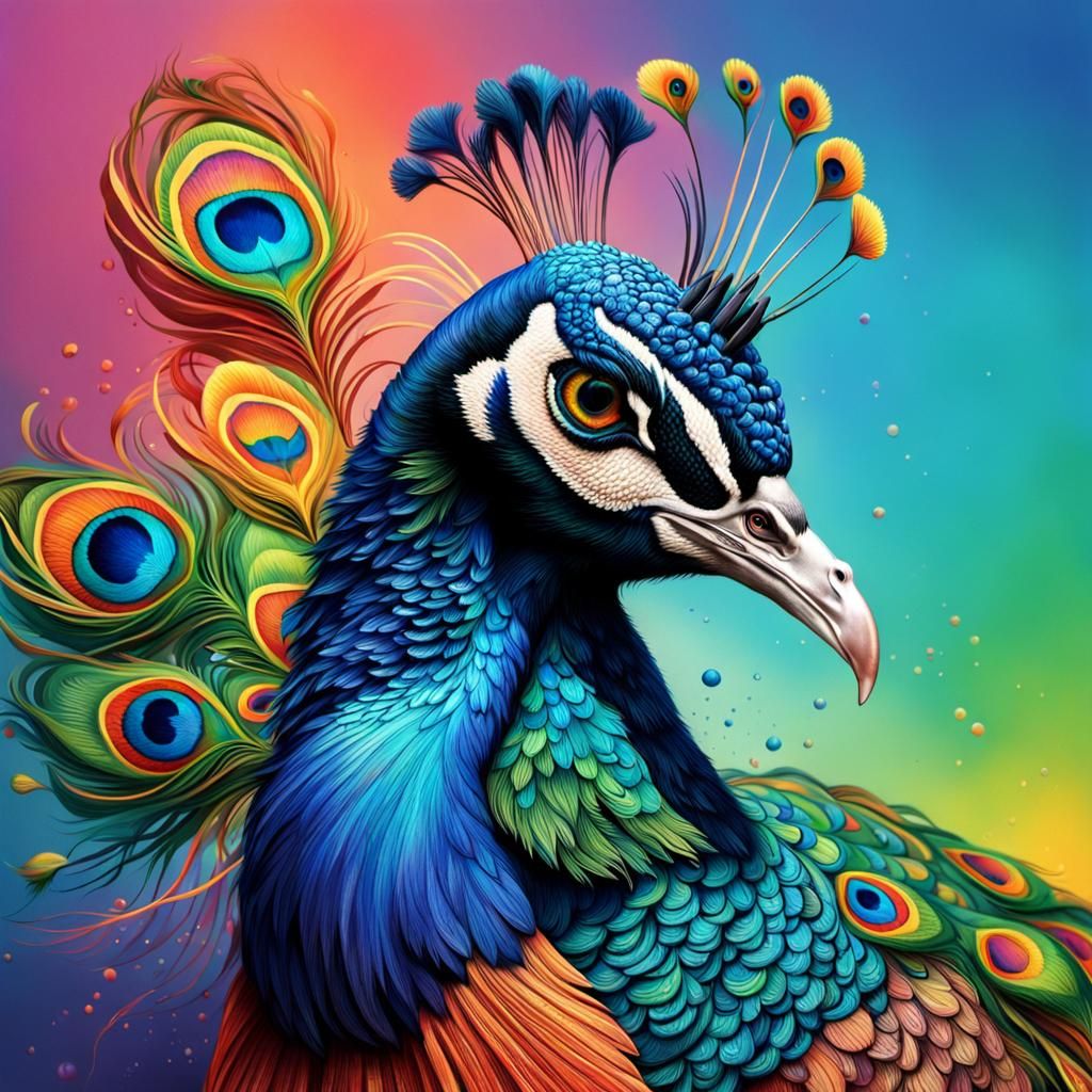 Colorful Rainbow Peacock in Splash Art Style