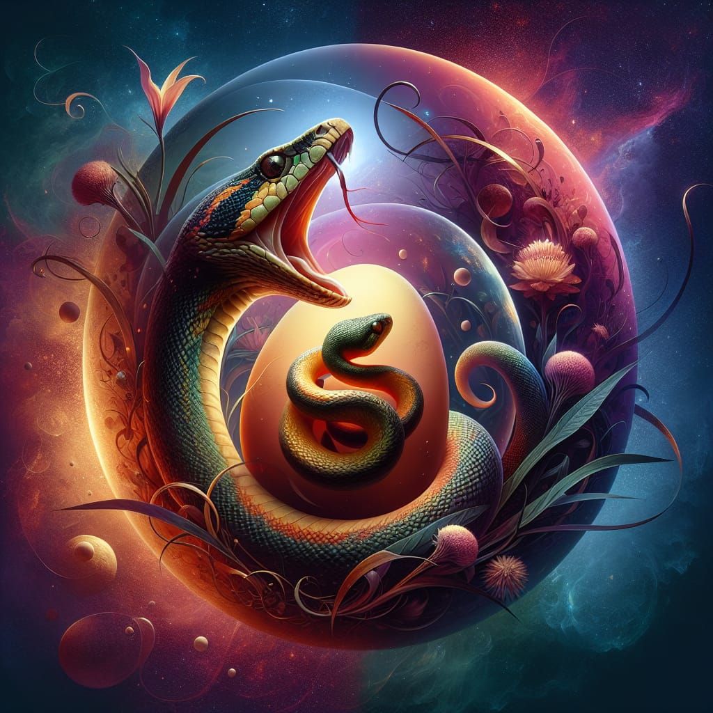 Double exposure of an egg with a baby snake coiled up inside...