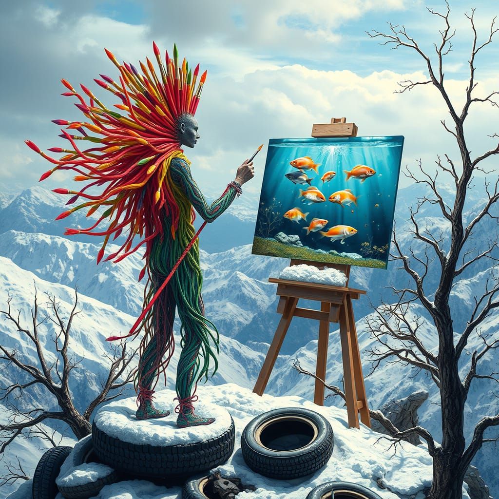 Surrealist Masterpiece of Interconnected Paintbrushes