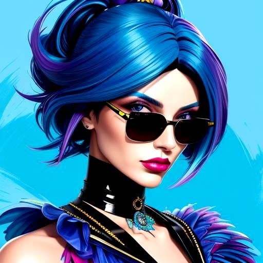 Woman with Blue Wig: Stylized Digital Illustration