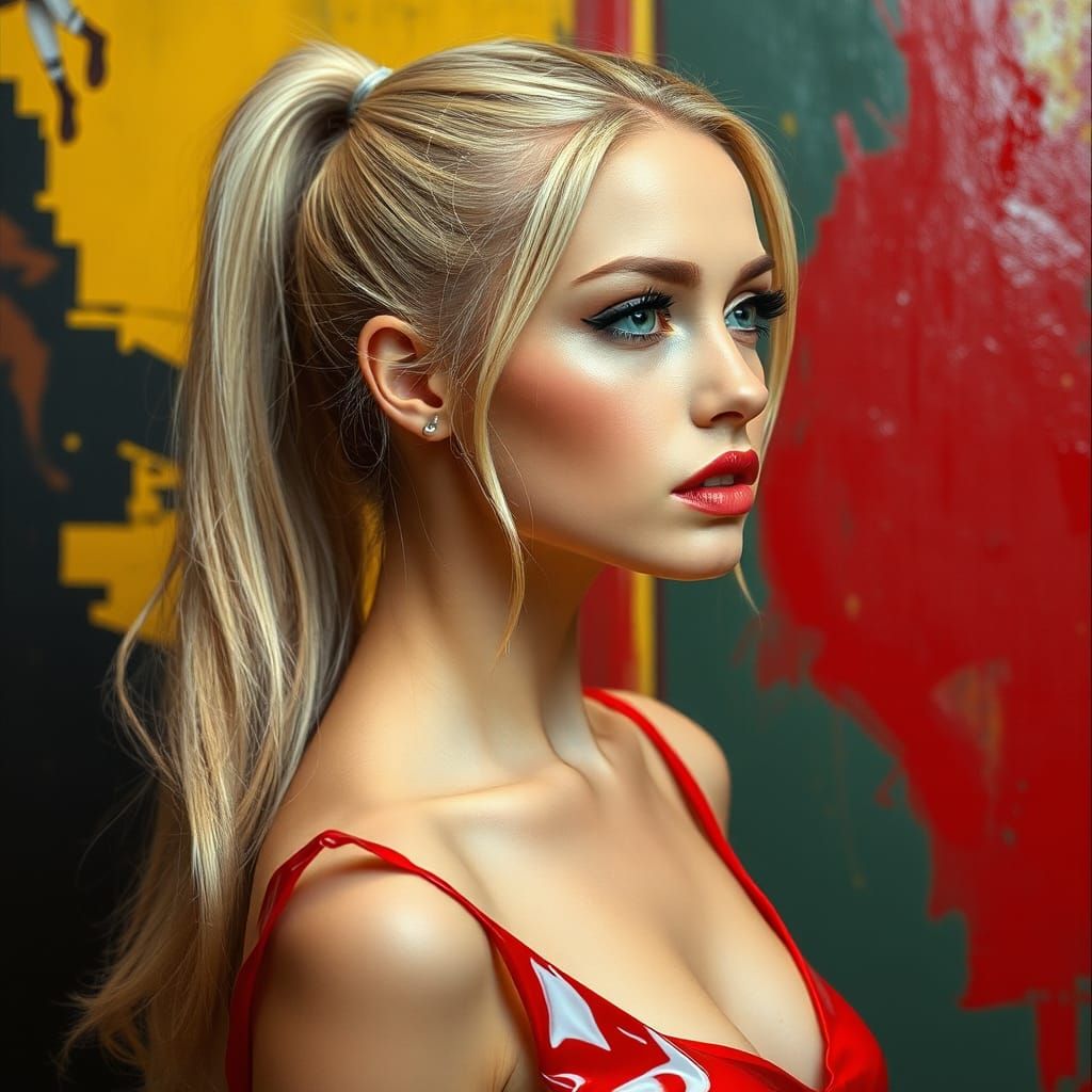 Woman in Red PVC Dress Gazing at Mondrian Art