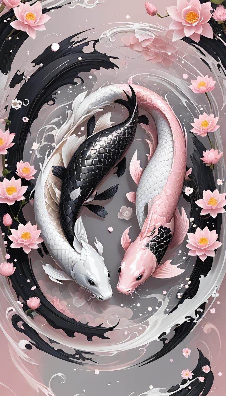 Dragon Carp Yin-Yang with Lotus Flowers in Anime Style