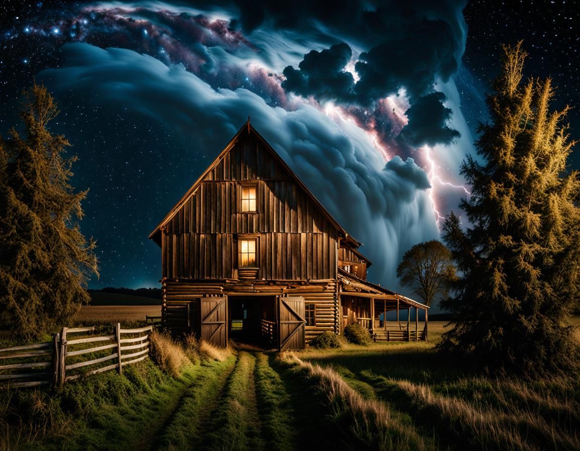 Starry Night Farmhouse Under Tornado Sky