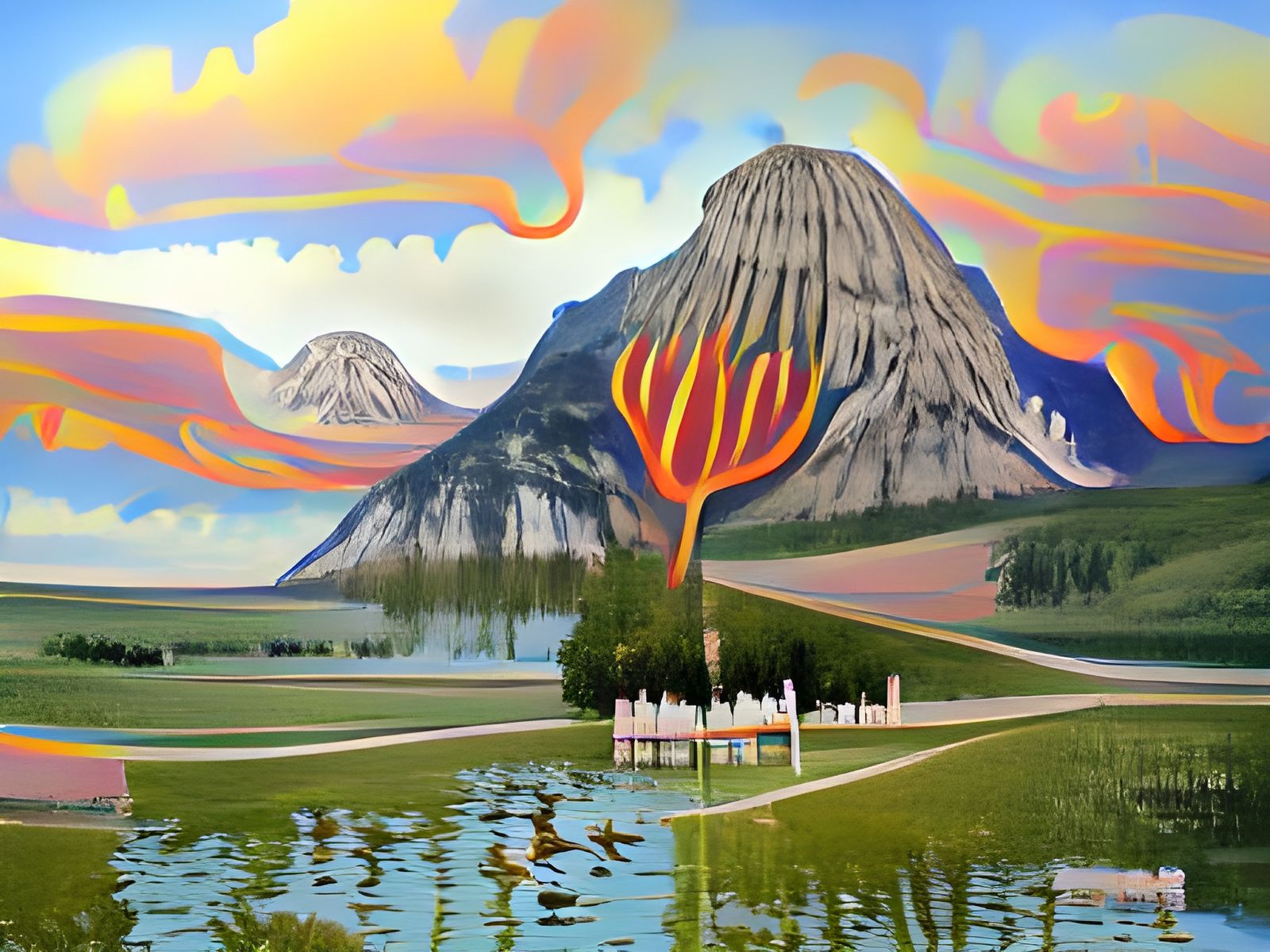 Vermillion Lakes in Psychedelic Native American Dreamscape