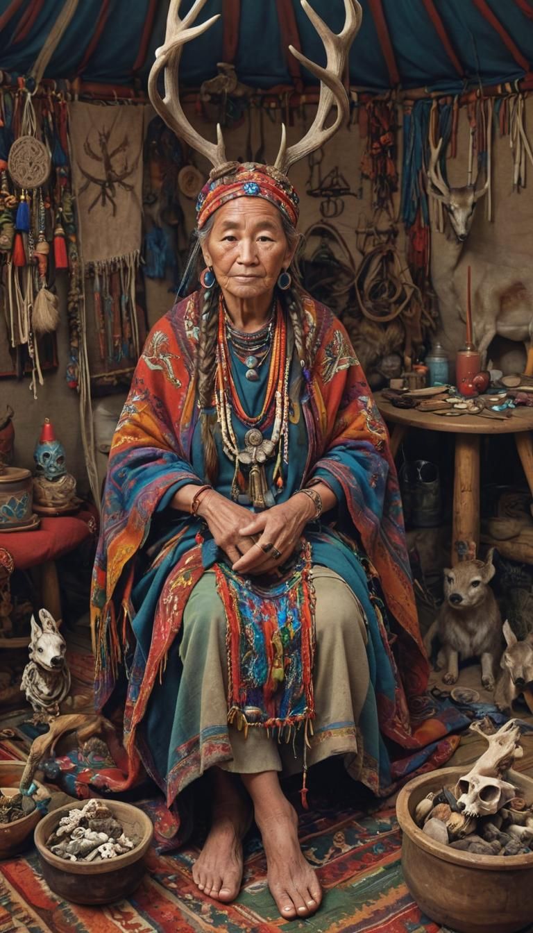 Shaman in Yurt with Deer Antlers: Digital Concept Art