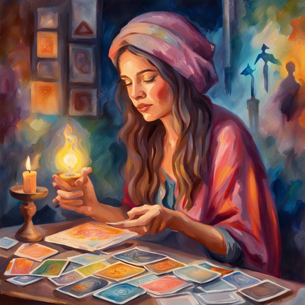 Psychic Woman Reads Tarot Cards in Gouache Style