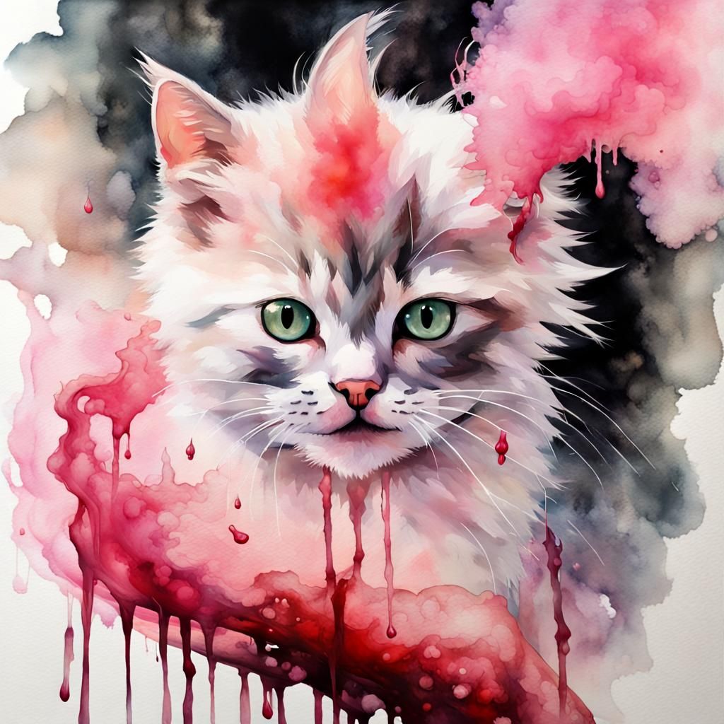 Cute Kitten and Evil Demon in Watercolour Splash Art