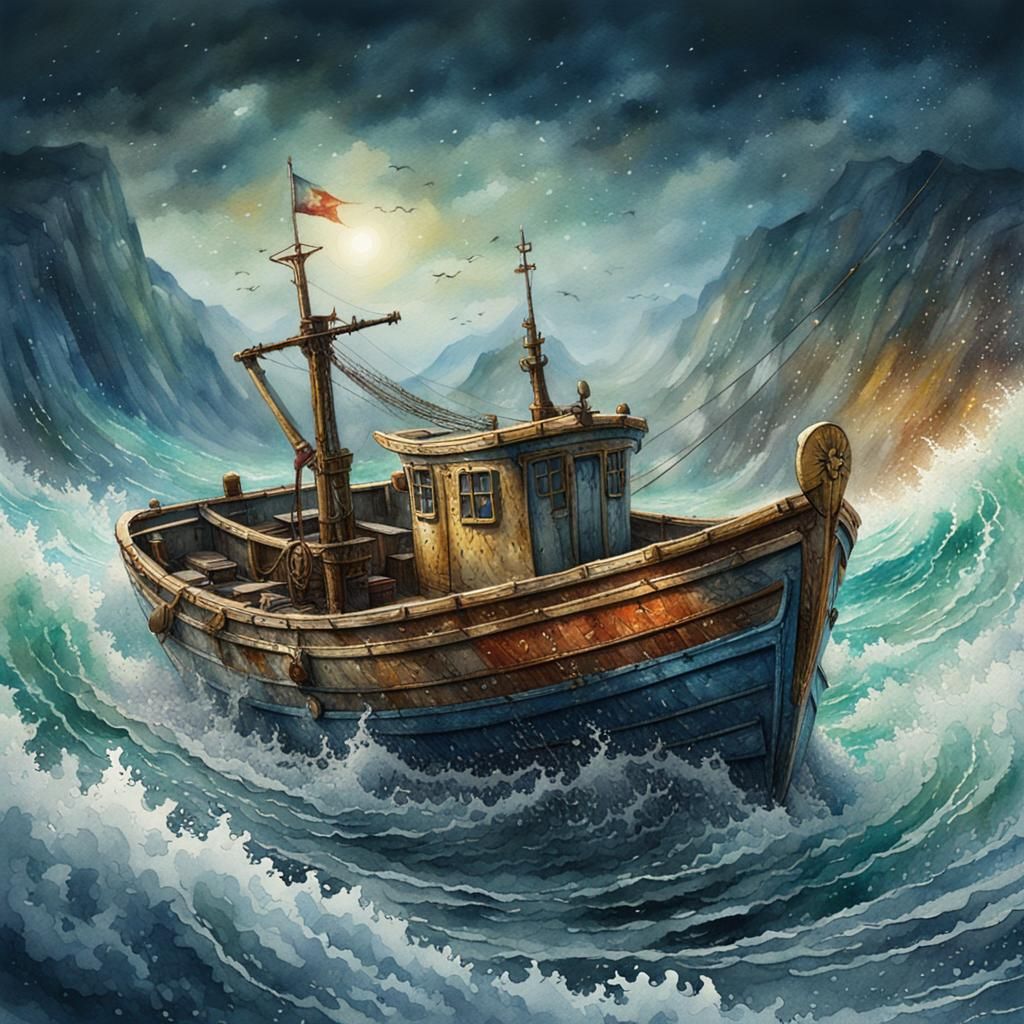 Fishing Boat on a Wild Sea in Watercolour