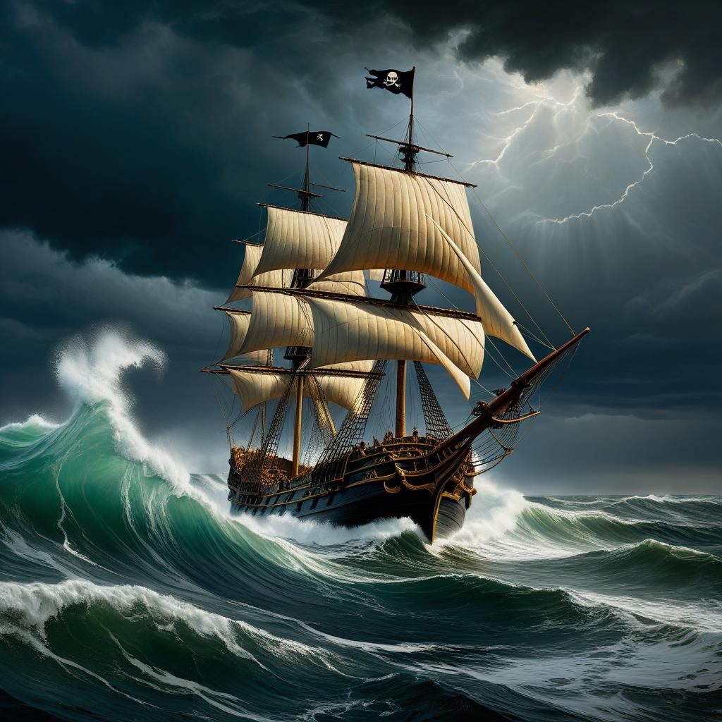 Pirate Ship in Stormy Seas: Hyperrealistic Seascape