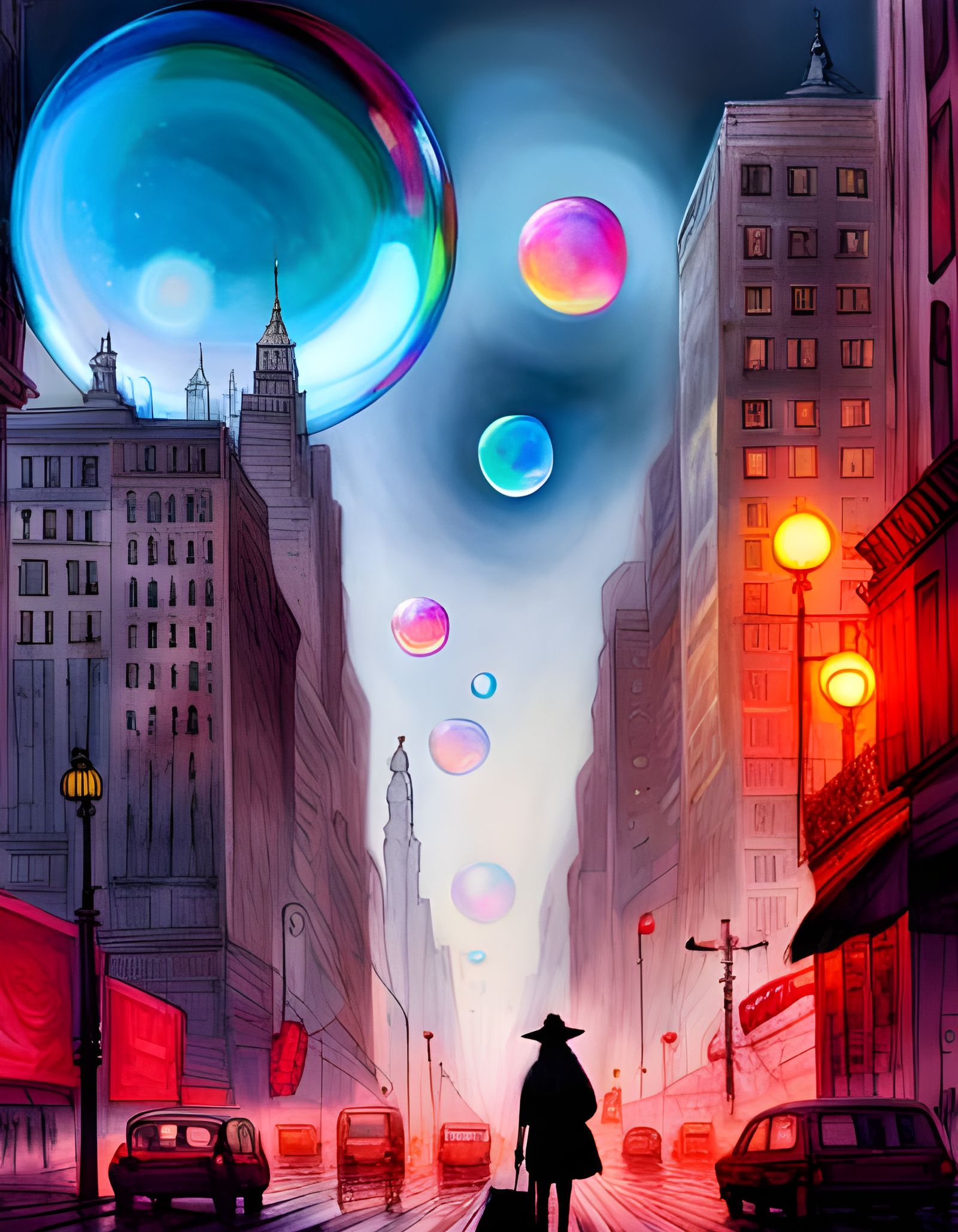 Sparkly Bubbles Over Cityscape in Photoillustration Style
