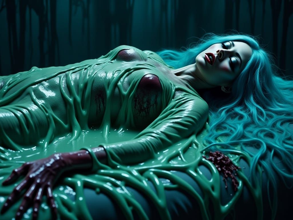 Eerie Green Slime Shrouds Woman in Dark, Horrorcore Art