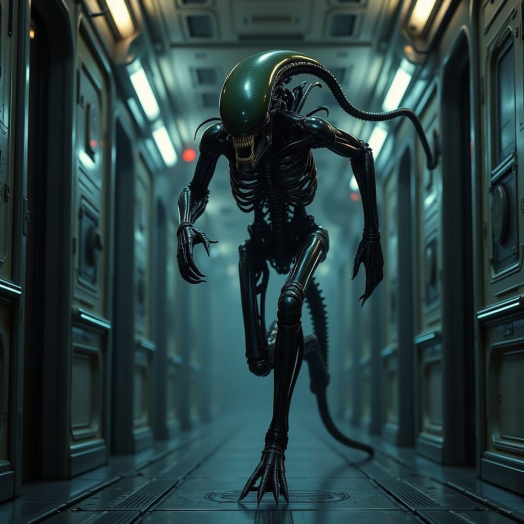 Biopunk Xenomorph Sprinting Through Spaceship Hallway
