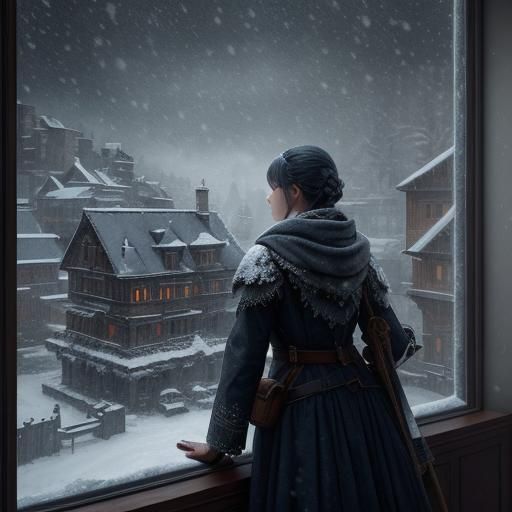 Woman Watching Snowfall: Digital Matte Painting