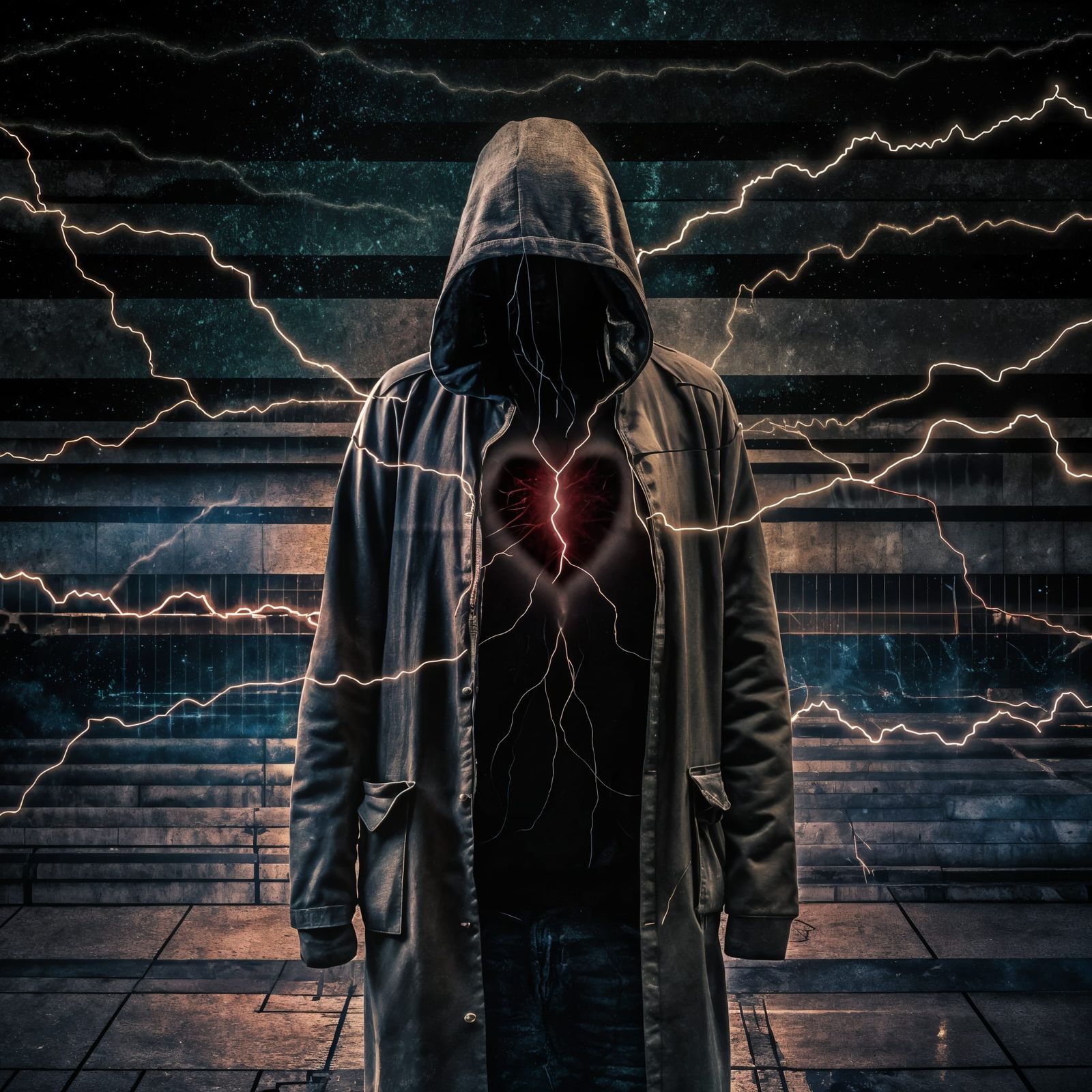 Hooded Cyberpunk Figure with Pulsating Heart