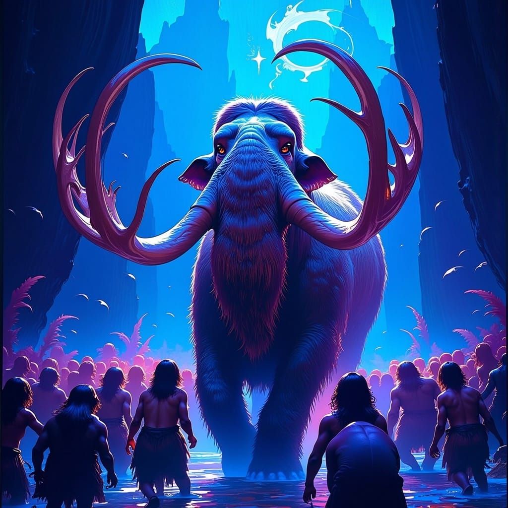 Surreal Prehistoric Battle Scene in Art Nouveau Style