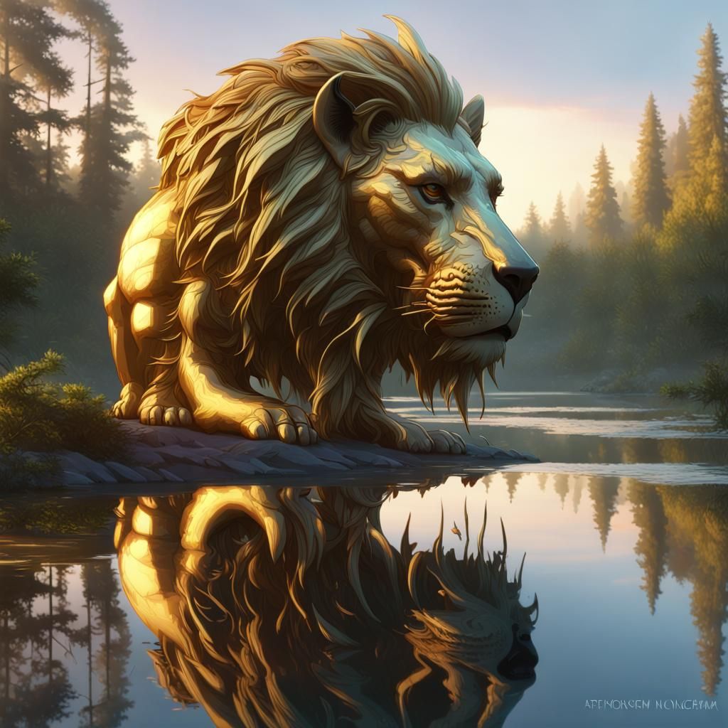 Cyber Lion in Primeval Forest, Golden Light