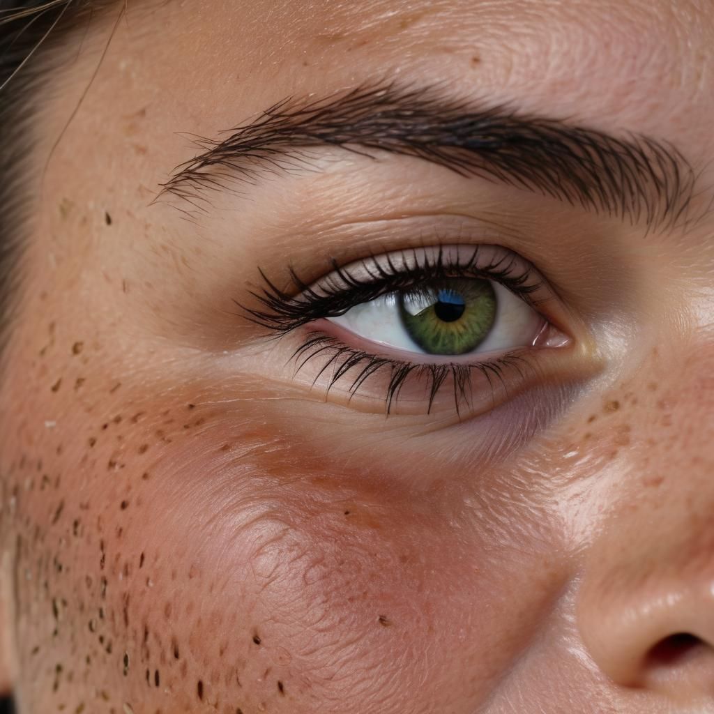 Extreme closeup focused on right half of woman face with swe...